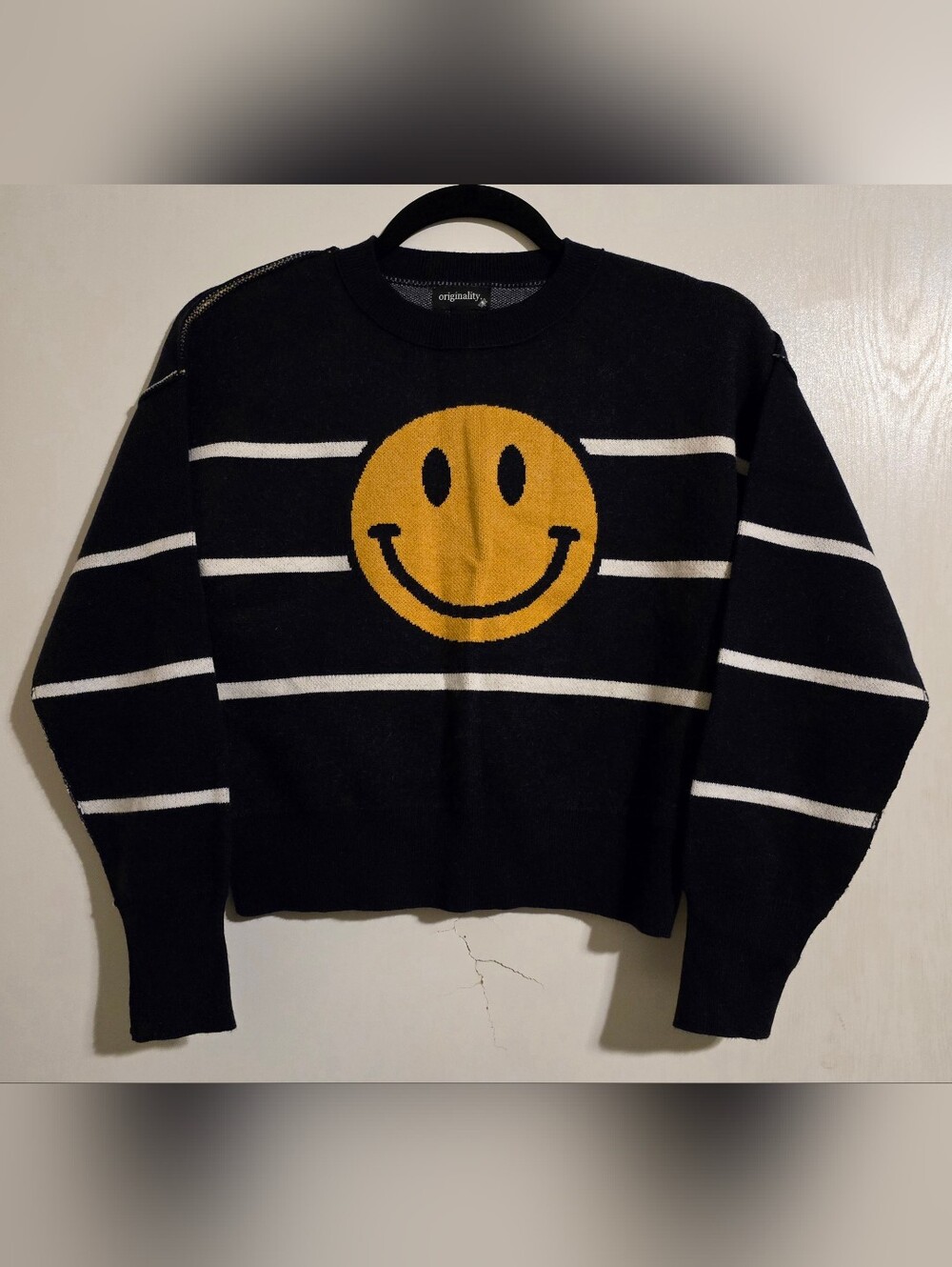 Originality Smiley Face Sweater Women's Medium Black Striped Knit Crewneck